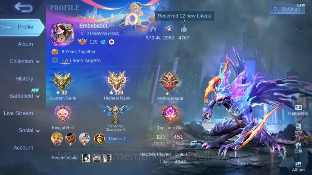 Mobile Legends: Bang Bang Accounts Others H133|S451|HImmo129|Seal of Anvil Recall|Leg Franco|KOF Aurora,Guin,Karina|PRIME 1