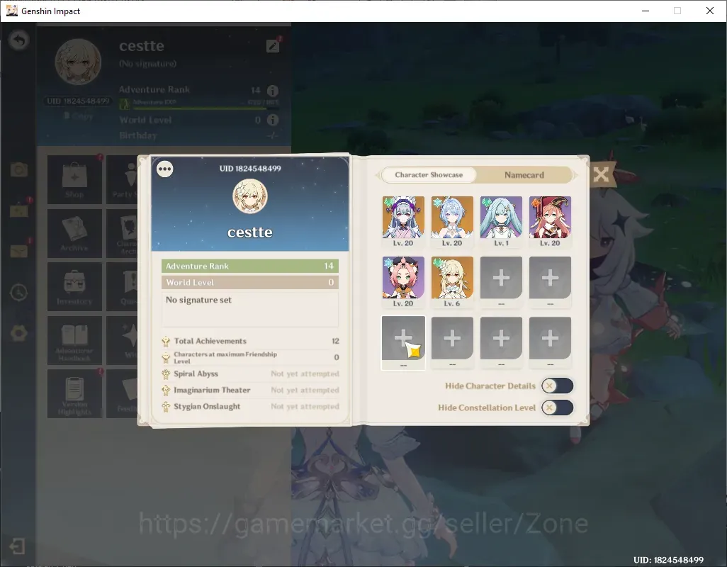 Genshin Impact Accounts Starter ASIA|Fresh Starter AR 14|1limit Odette + 1 Limit std Mizuki|Very Low Explore|MC 1