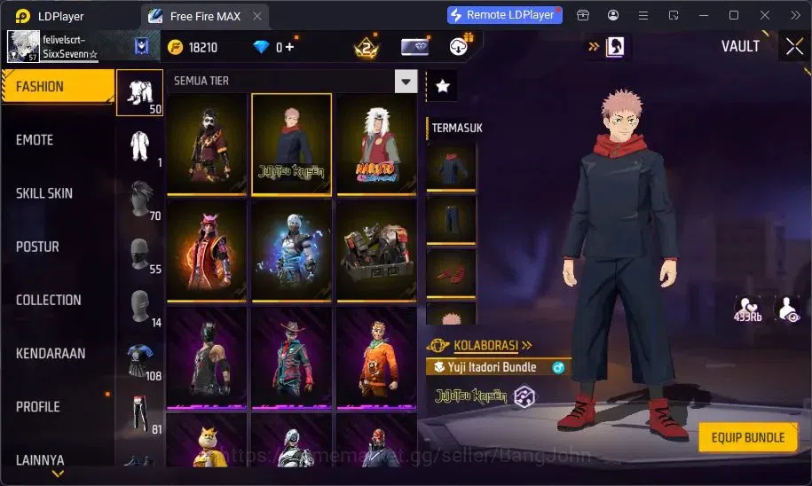 Free Fire Accounts Indonesia | Vault 108 | Bundle Yuji Itadori, Sakur image 16