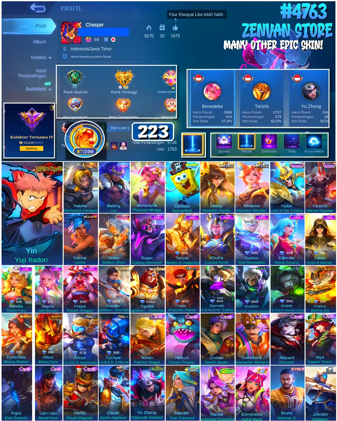 Mobile Legends: Bang Bang Accounts #4763 223 Skins | Karina Leona (KOF) | Yin Yuji Itadori (JUJUTSU KAISEN) | Cyclops 1