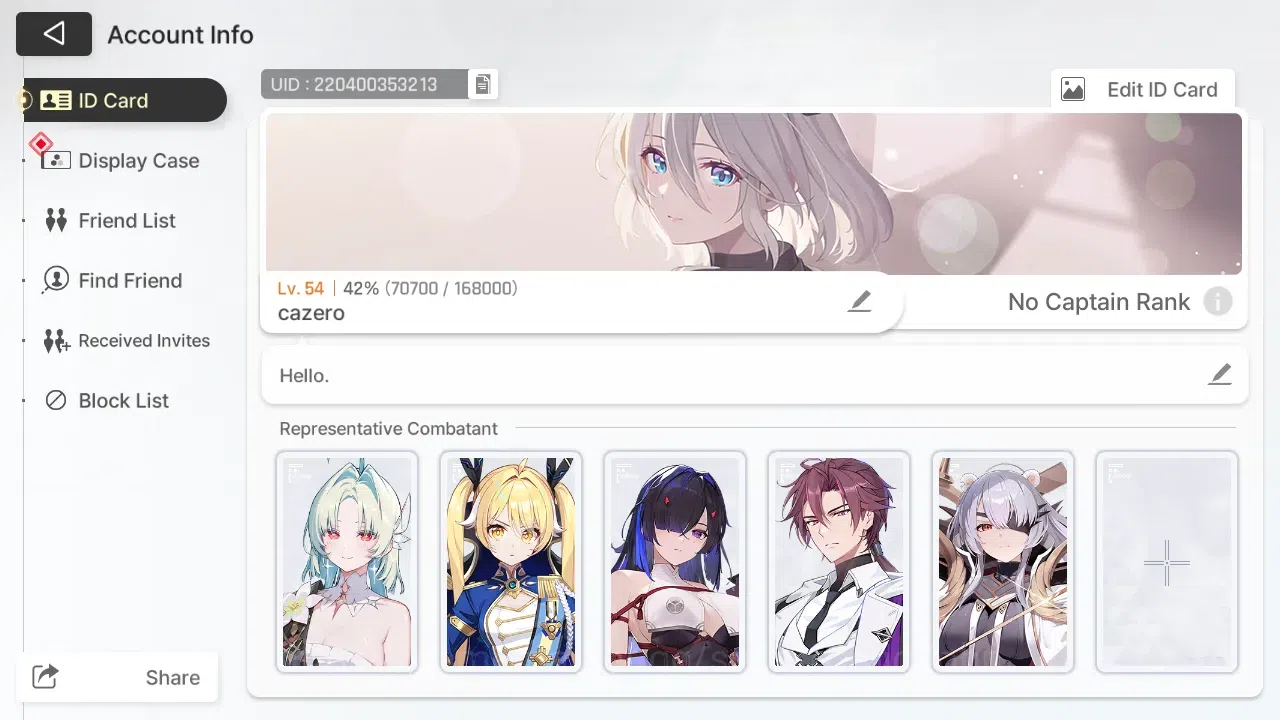 Chaos Zero Nightmare Accounts ASIA | Lvl 54 | 5 SSR | Heidemarie ME3 | Tiphera ME1 | Selector On | More Details Check SS 13