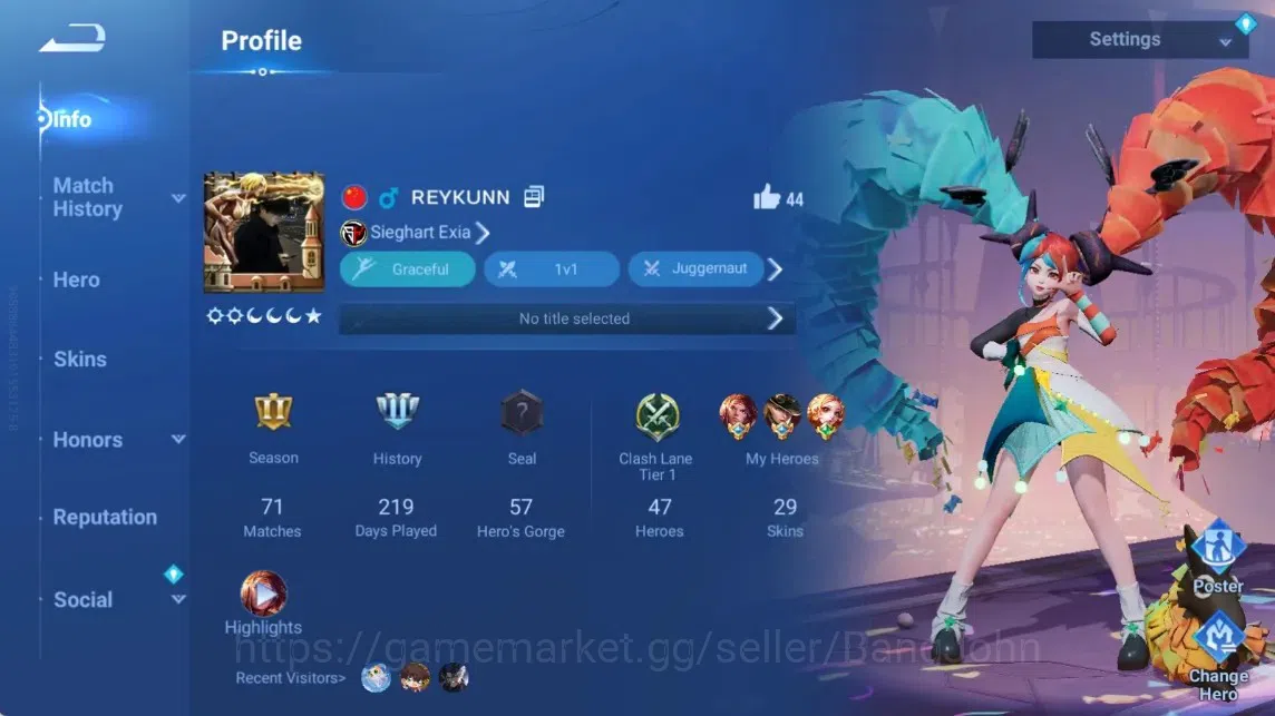 Honor of Kings Accounts Rare Skin Global|47H 29S|lLegend Angela|AOT Mayene [Annie]|Epic Arthur&Diaochan|Many Rare 9