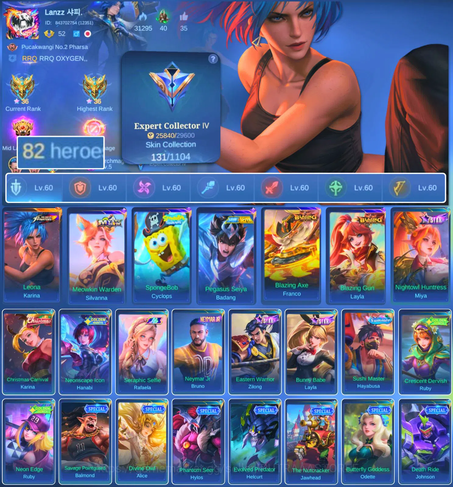 Mobile Legends: Bang Bang Accounts HERO 82 SKIN 131 | EMBLEM ALL MAX| KOF KARINA| PEN image 1