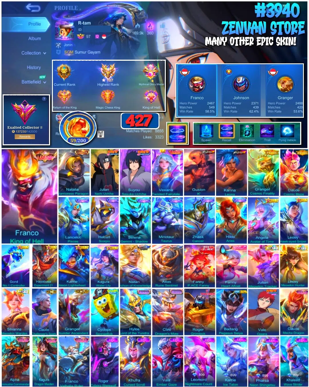 Mobile Legends: Bang Bang Accounts #3940 | 427 Skins | Legend Franco | Collector Natalia | Zenith Vexana | Sasuke | Itachi 1