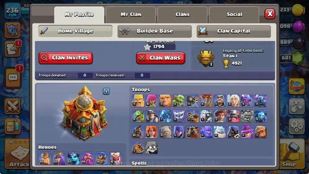 Clash of Clans Accounts High-End Global |TH 16-BH 10|LVL 236|AQ 68 ,MP 63 ,GW 66 ,RC 34 ,BK 60,DD 10|BM 30|Legendary Skin 1