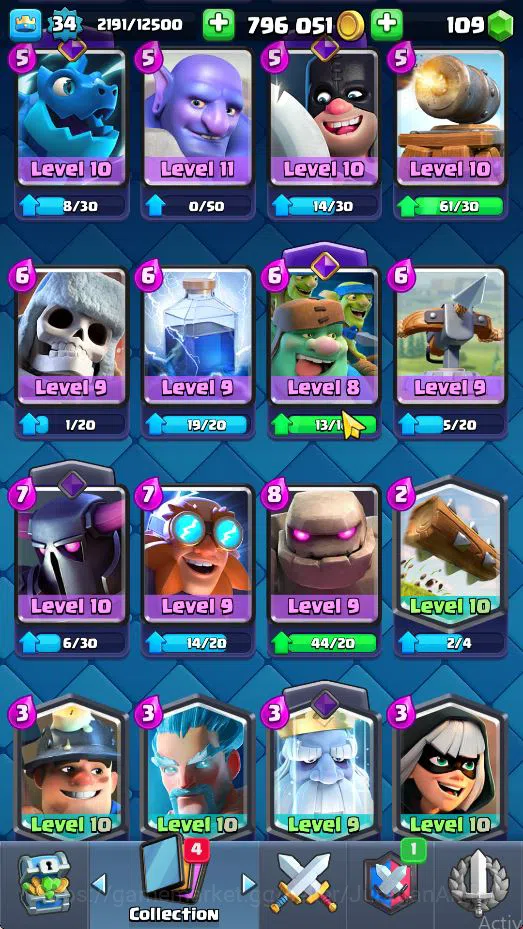 Clash Royale Accounts Starter Lvl 34|Trophy 6121|KTL 12|Limited Skin|Card 116| 7 EVO 3 Champ 21 Legendary 33 Epic,30 Rare,29 11