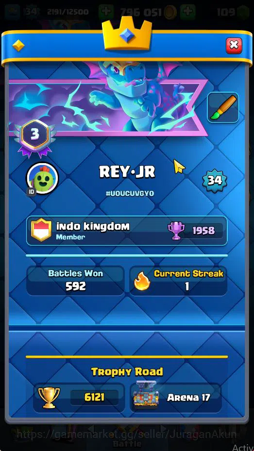Clash Royale Accounts Starter Lvl 34|Trophy 6121|KTL 12|Limited Skin|Card 116| 7 EVO 3 Champ 21 Legendary 33 Epic,30 Rare,29 2