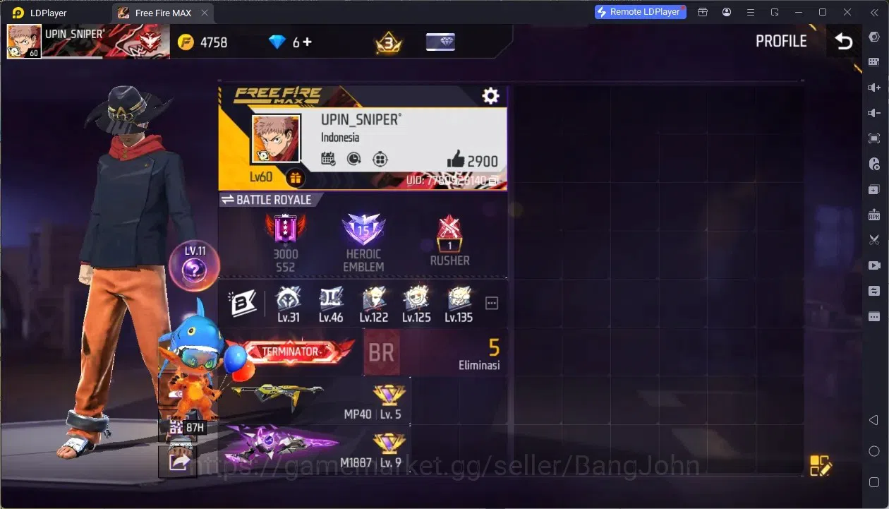 Free Fire Accounts Indonesia | Vault 139| 1 EVO M1887-Sterling Lv6)| Yuji Itadori Bundle| Banyak Backpack Kuning| Check SS 1