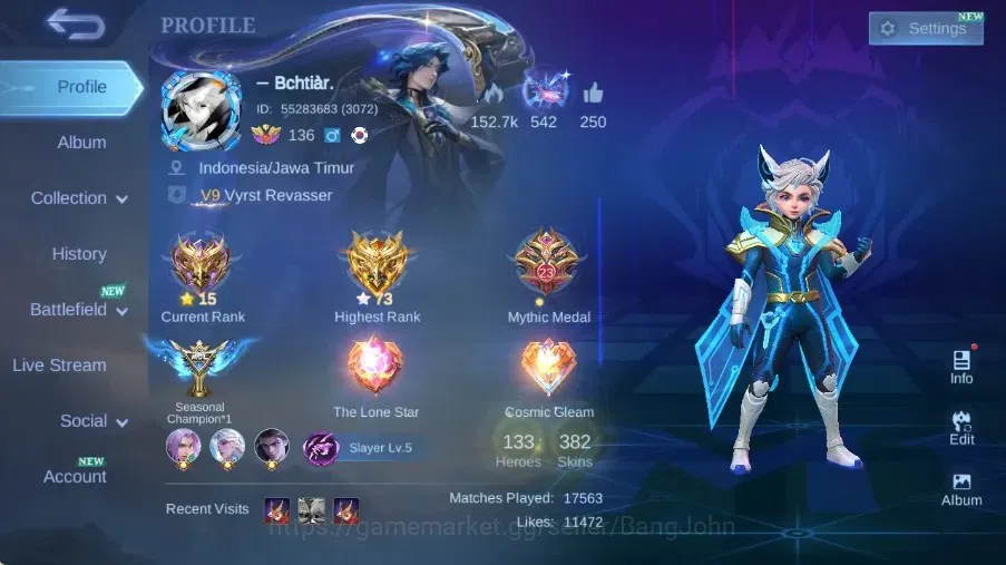 Mobile Legends: Bang Bang Accounts Collector Global|Skin 382|Exalted|Legend Gusion,KOF Karina+Aurora,Collector Natalia,LBox 1