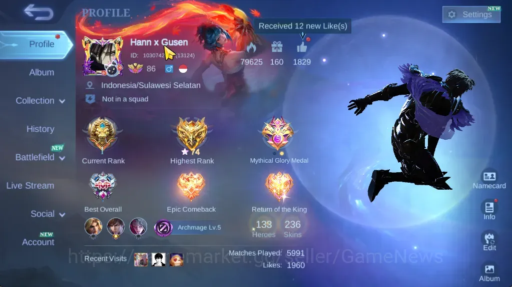 Mobile Legends: Bang Bang Accounts Collector Hero 133|Skin 236|Ex Glory 74|Gusion 1