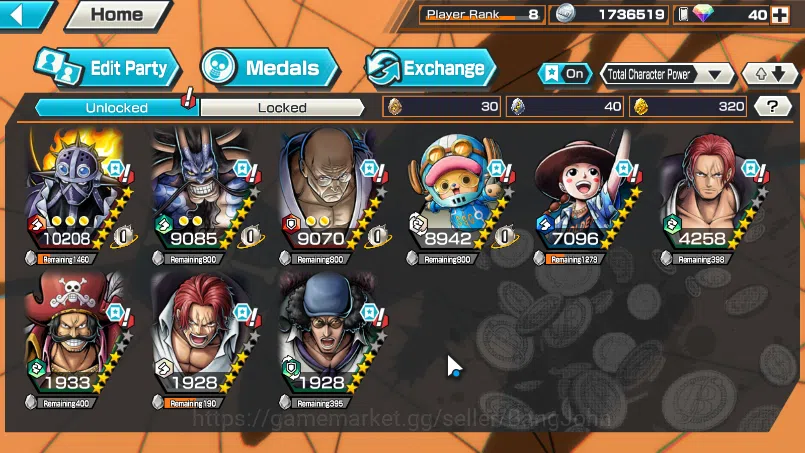 One Piece Bounty Rush Accounts Others GLOBAL| 6 EX BP kuzan, DD shanks, KING d Roger, FR shanks, ST ethanbaron, ONIGA kaido 2