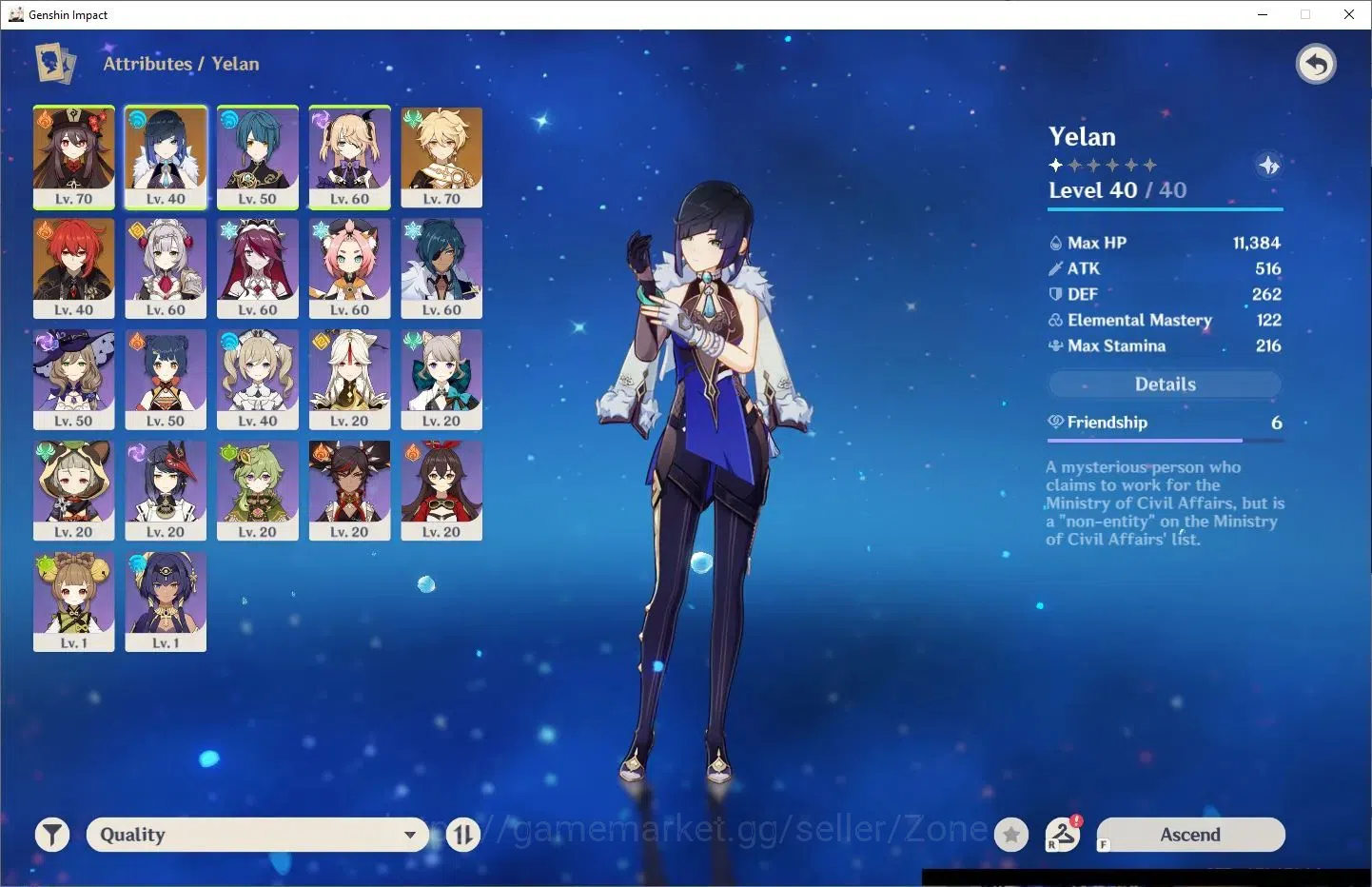 Genshin Impact Accounts Others ASIA|7 Total 5*CHAR (Yelan, Hu Tao, Diluc, Keqing, Jean, Mona, Qiqi)|2 Limited (Yelan, Hu 1