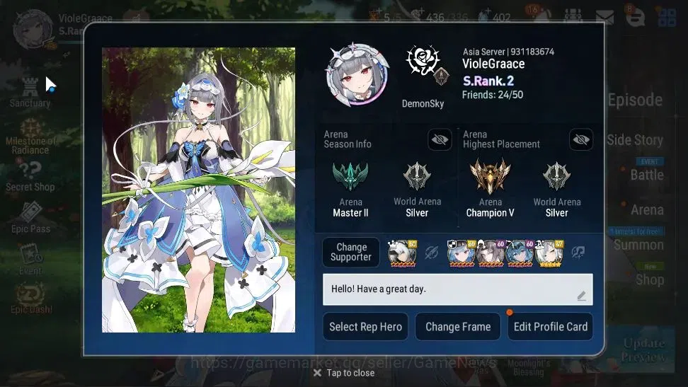 Epic Seven Accounts Starter Asia UnVerif|25 ML(Zio,LC Bellona,AB Vildred,Witch Tenebria,Etc)+Rinak,Setsuka,AB Fumyr,Etc|AUTO 2