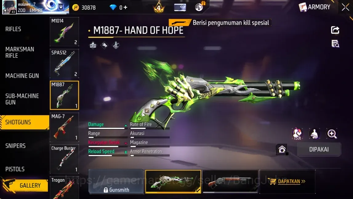 Free Fire Accounts Indonesia | 5 EVO Gun: AUG Lv.3,Mp5 Lv.5,UMP Lv.3,M1014 Lv.5,MP40 Lv.3 | M1887 - Han Of Hope | More Check 1