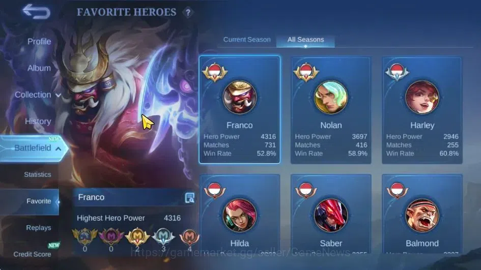Mobile Legends: Bang Bang Accounts Hero 128|Skin 284|Legend Franco,TF Roger,KOF Karin image 4
