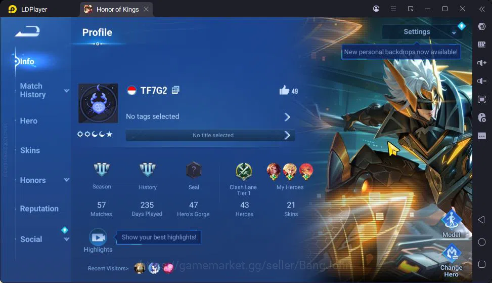 Honor of Kings Accounts Others Global | 43H 21S | 3 Legend: Angela,LuBu,Kaizer | Limited Daji | Limbo Donghuang |LOTM 1