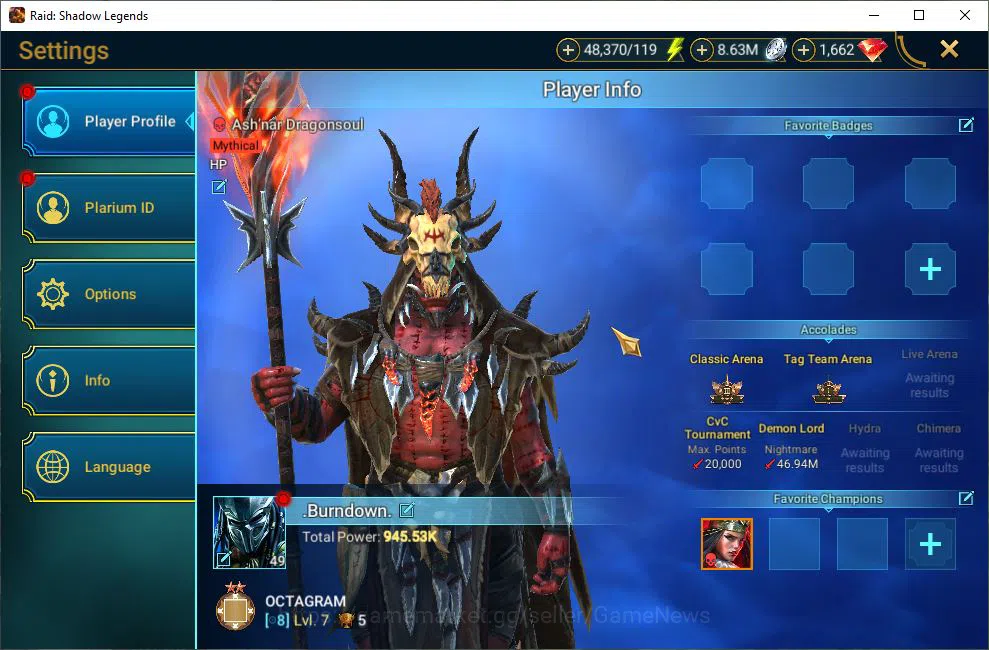 Raid: Shadow Legends Accounts Mid-Game Lv49 945K Power|1 Mythic(Ashnar)+28 2