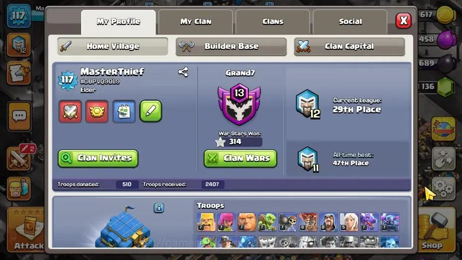 Clash of Clans Accounts High-End TH12-BH9|Lv.117|BK53,AQ51,MP37,GW26|BM15,BC15|HH6|4 Legendary & 3 Gold Skins|1136 1