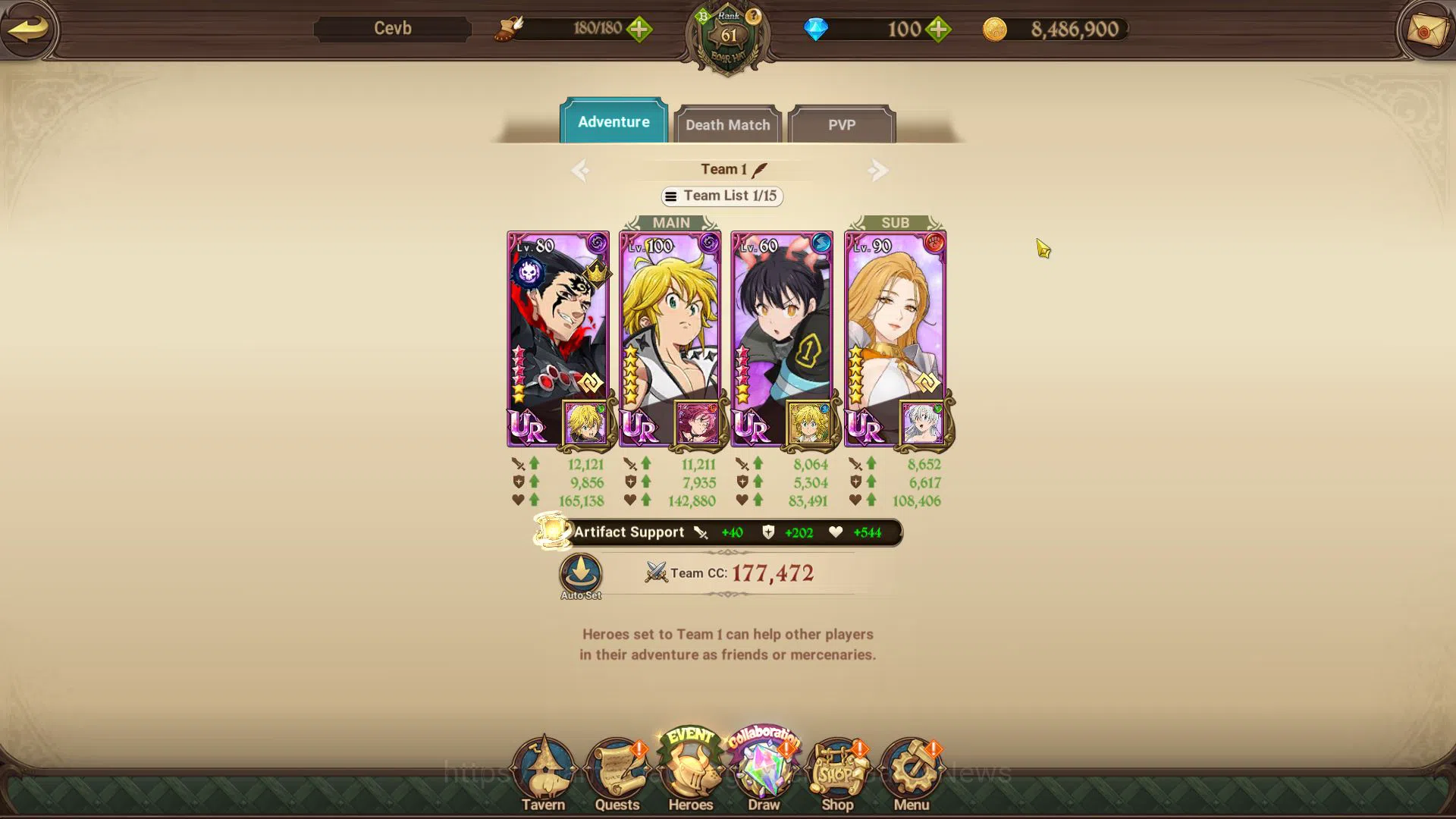 The Seven Deadly Sins: Grand Cross Accounts Midgame Global|1,1M CC|Starter Ch4|100 DM|3 UR+Collab Fire Force|Oppressor 4