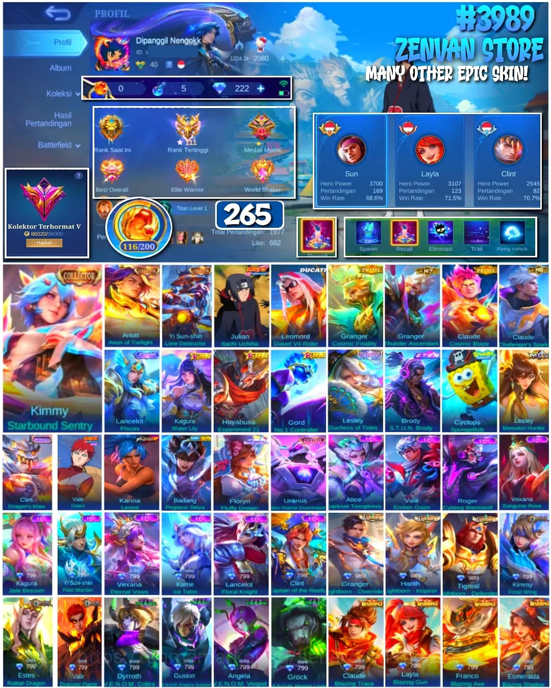 Mobile Legends: Bang Bang Accounts 🔥 #3989 🔥 265 Skins 💎 Renowned Collector V 👑 Collector Arlott Aeon of Twilight ⚔️ 1