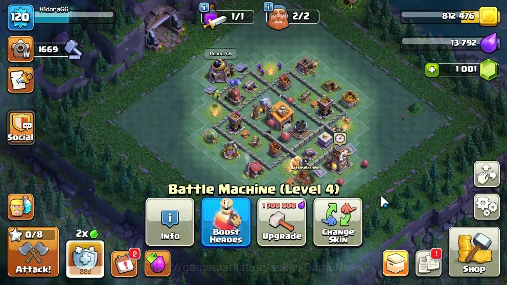 Clash of Clans Accounts High-End LV 120|TH 13-BH 6|HH 7|LimitedSkin|BK 50 AQ 50 GW 23 MP 50 RC 16 BM 4 |1001 Gems|CN 16