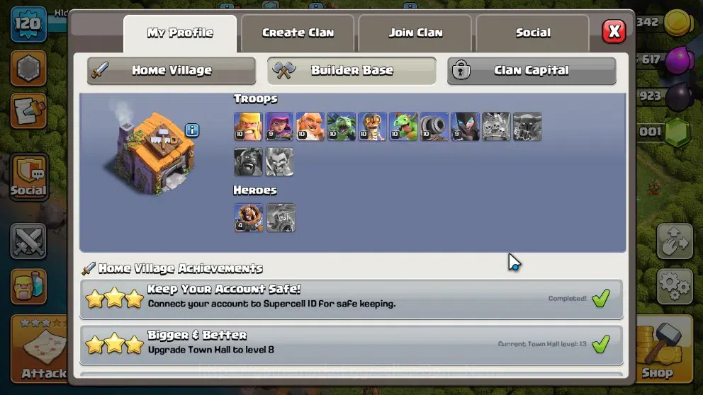 Clash of Clans Accounts High-End LV 120|TH 13-BH 6|HH 7|LimitedSkin|BK 50 AQ 50 GW 23 MP 50 RC 16 BM 4 |1001 Gems|CN 5