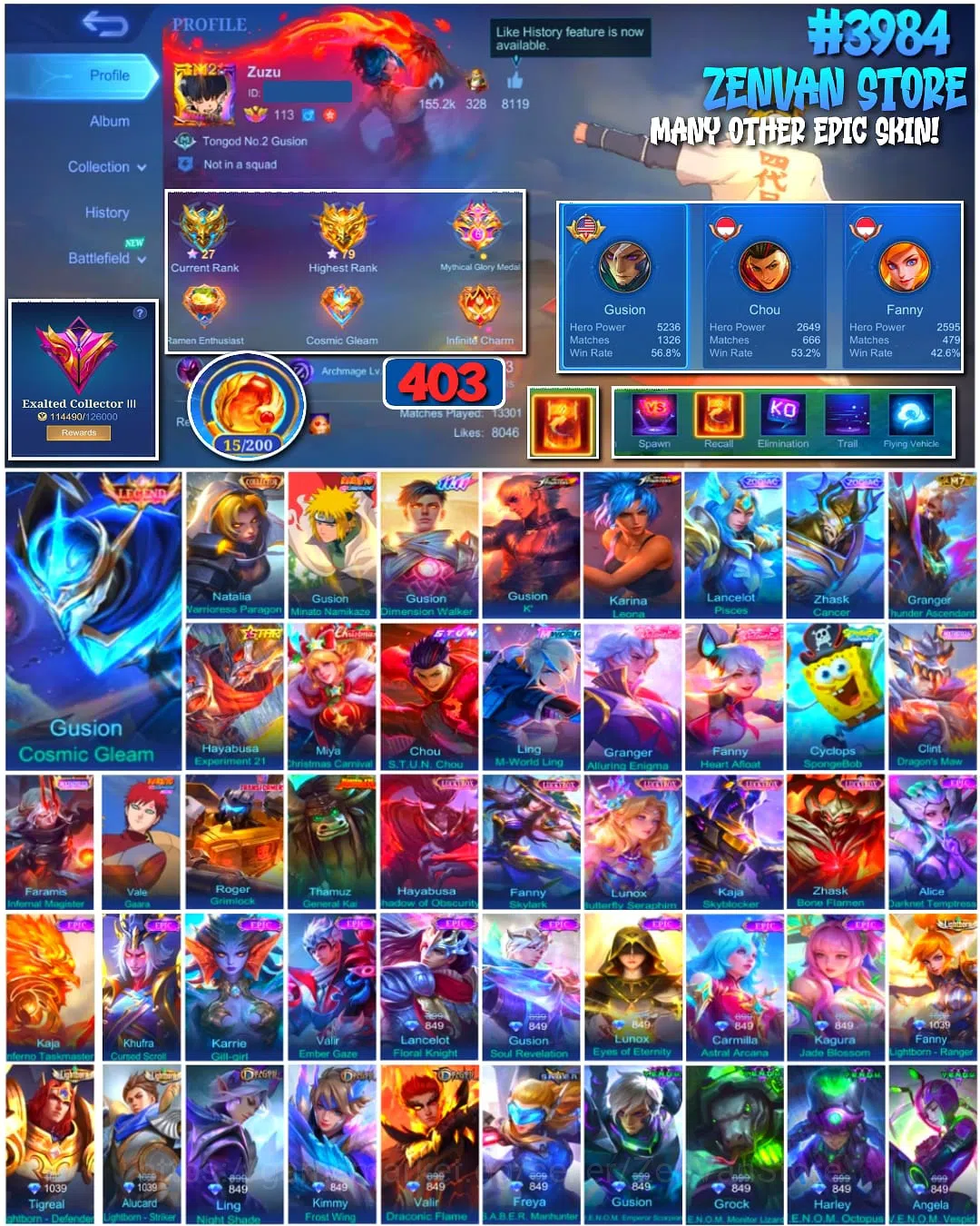 Mobile Legends: Bang Bang Accounts 🔥 #3984 🔥 403 Skins 💎 Exalted Collector III 👑 Legend Skin ⚔️ Naruto Gusion Minato 1