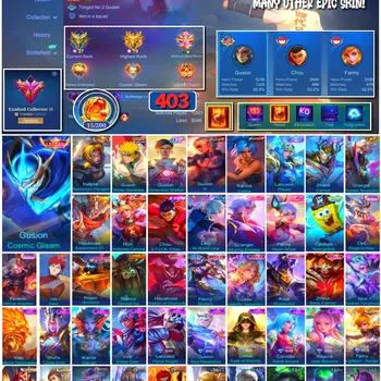 Mobile Legends: Bang Bang Accounts 🔥 #3984 🔥 403 Skins 💎 Exalted Collector III 👑 Legend Skin ⚔️ Naruto Gusion Minato