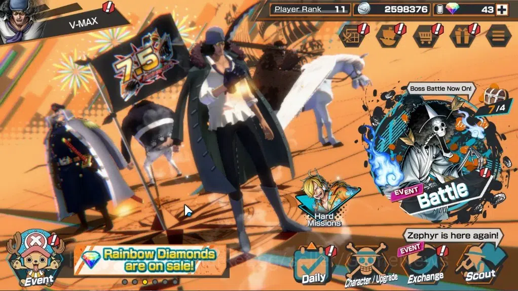 One Piece Bounty Rush Accounts High-End Global|4 EX|BP Kuzan,T4E Monkey D. Luffy,The Wings Zoro & Sanji,KotP Gol 1