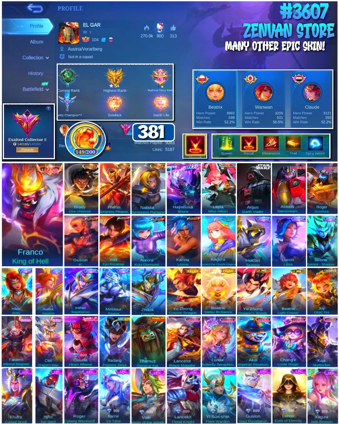 Mobile Legends: Bang Bang Accounts #3607 381 Skins | Legend Franco | 3 Collectors | 1 image 1