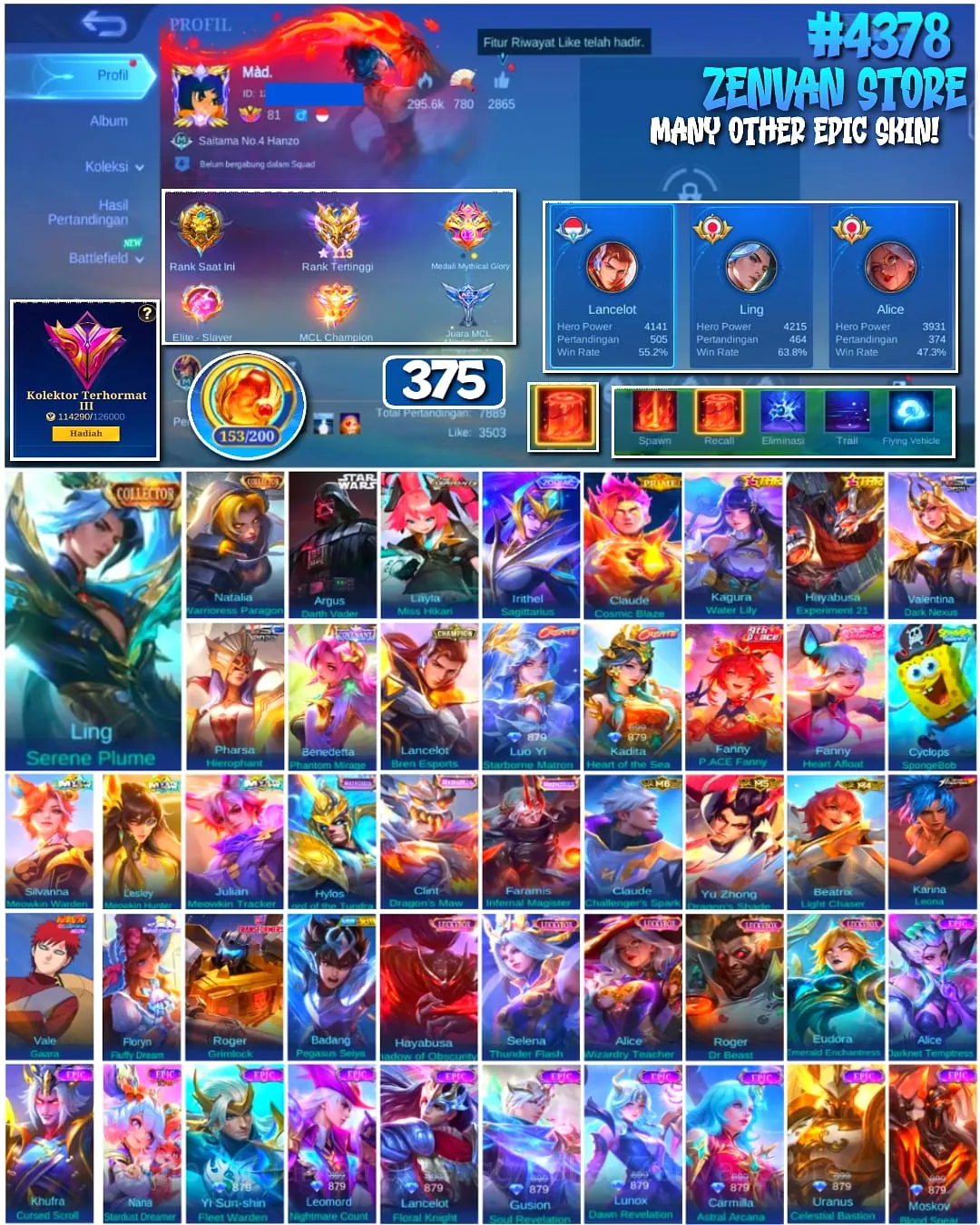 Mobile Legends: Bang Bang Accounts #4378 375 Skins | Argus Darth Vader (STAR WARS) | Karina Leona (KOF) | Vale Gaara 1