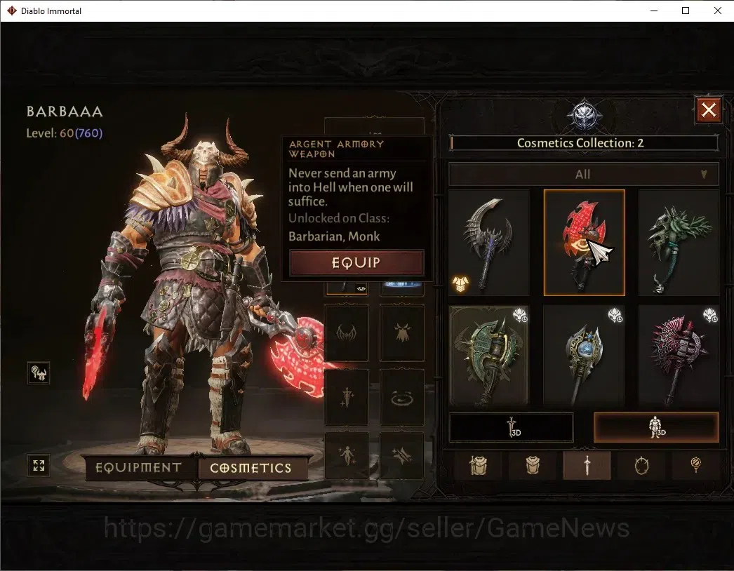 Diablo Immortal Accounts High-End NA-High Heaven|CS ON|Lv60(760)|Barbarian|CR 2k|Reso 480|Paragon Slinger|Hell I|3 10