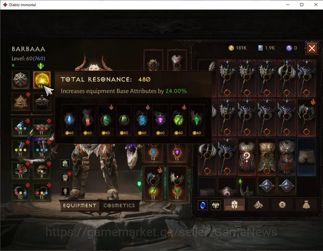 Diablo Immortal Accounts High-End NA-High Heaven|CS ON|Lv60(760)|Barbarian|CR 2k|Reso 480|Paragon Slinger|Hell I|3 4