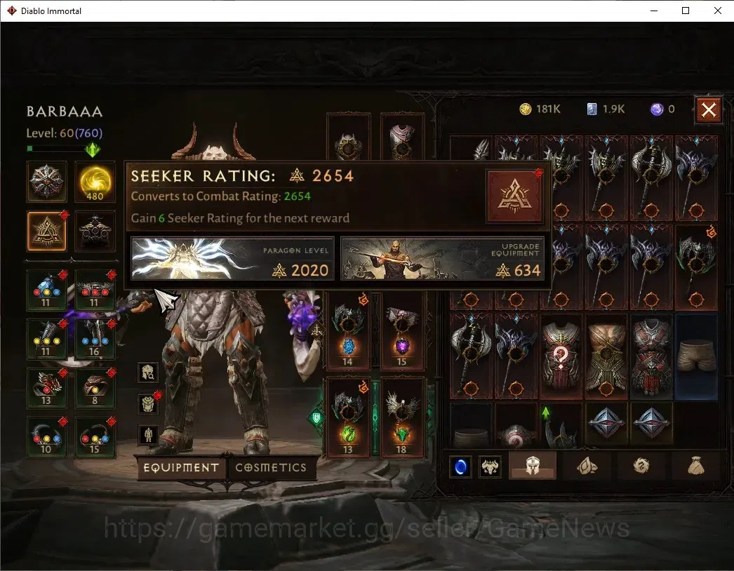 Diablo Immortal Accounts High-End NA-High Heaven|CS ON|Lv60(760)|Barbarian|CR 2k|Reso 480|Paragon Slinger|Hell I|3 5