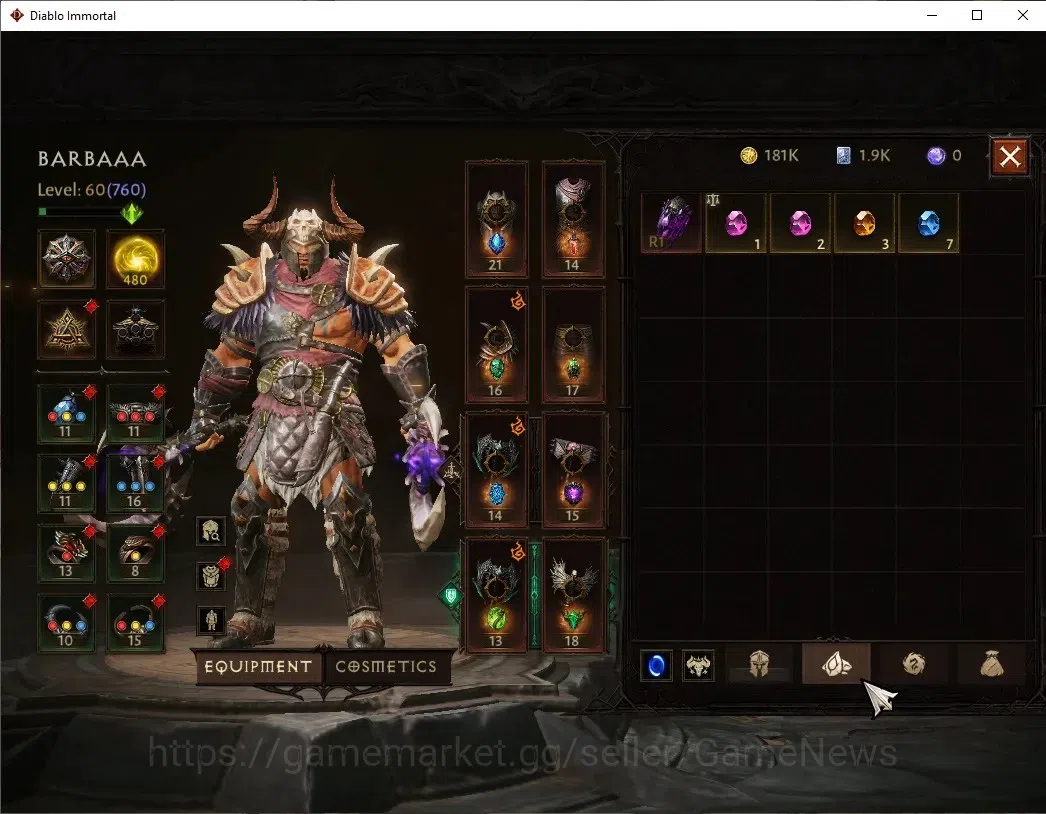 Diablo Immortal Accounts High-End NA-High Heaven|CS ON|Lv60(760)|Barbarian|CR 2k|Reso 480|Paragon Slinger|Hell I|3 6