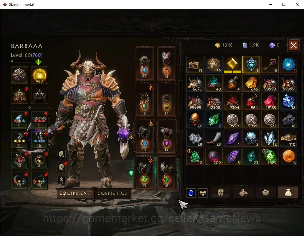 Diablo Immortal Accounts High-End NA-High Heaven|CS ON|Lv60(760)|Barbarian|CR 2k|Reso 480|Paragon Slinger|Hell I|3 8