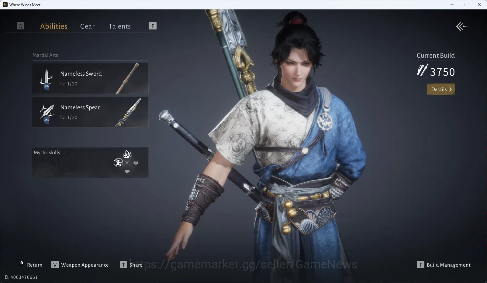 Where Winds Meet Accounts GLOBAL|Lv 5| Starter | 1 Harmonic Core |GS 3750| Nameless Sword + Nameless Spear |Low Explore|Male 4
