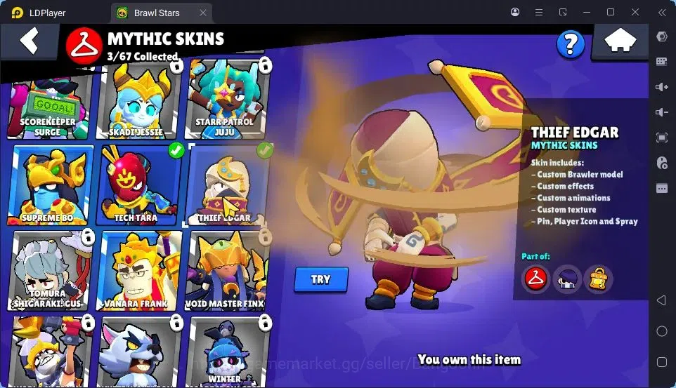 Brawl Stars Accounts Thropy 1233|21 Brawler|2 Max Hypercharge(Edgar,Fang)|3Mythic(Tara,Edgar,Otis),5Epic Skin|10346 13