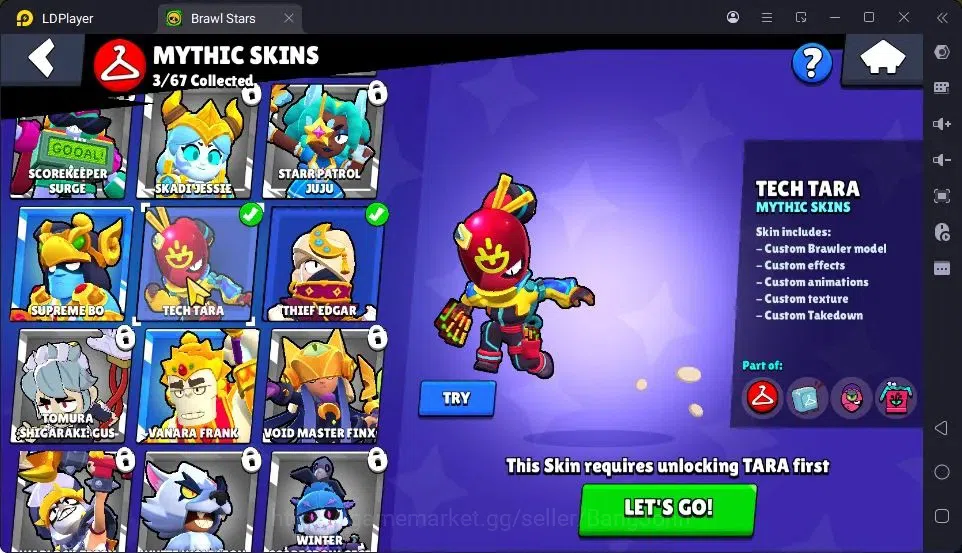 Brawl Stars Accounts Thropy 1233|21 Brawler|2 Max Hypercharge(Edgar,Fang)|3Mythic(Tara,Edgar,Otis),5Epic Skin|10346 14