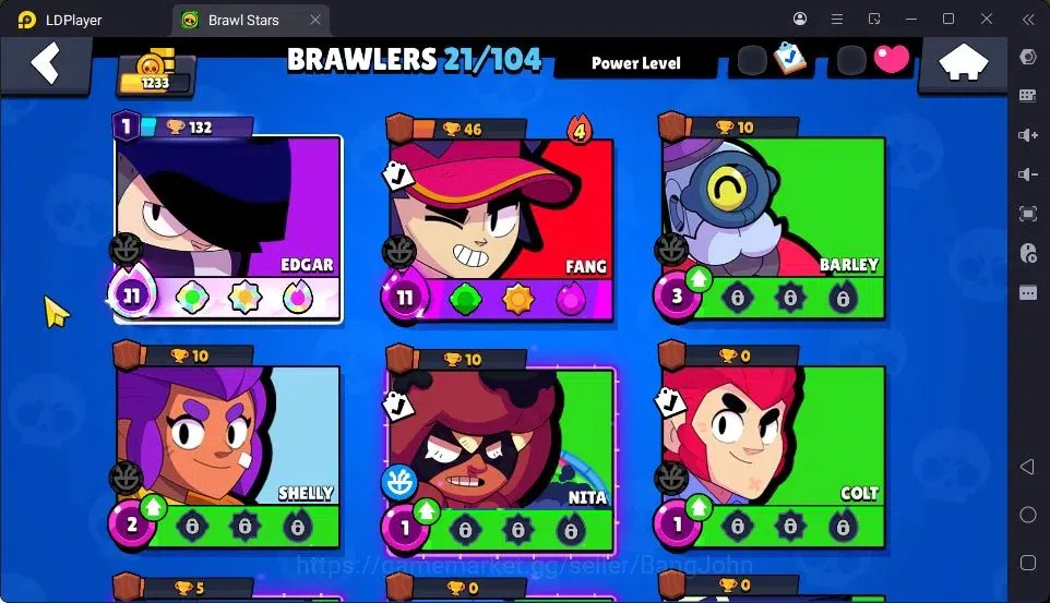 Brawl Stars Accounts Thropy 1233|21 Brawler|2 Max Hypercharge(Edgar,Fang)|3Mythic(Tara,Edgar,Otis),5Epic Skin|10346 17