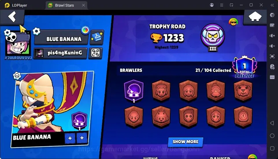 Brawl Stars Accounts Thropy 1233|21 Brawler|2 Max Hypercharge(Edgar,Fang)|3Mythic(Tara,Edgar,Otis),5Epic Skin|10346 2