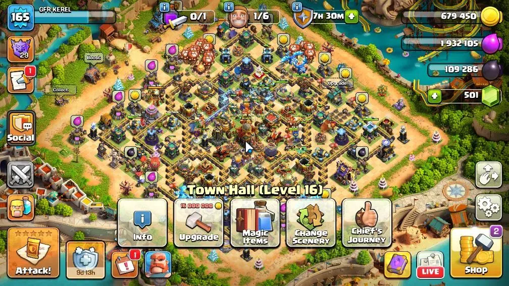 Clash of Clans Accounts High-End LV 165|TH 16|HH 10|Limited Skin|BK 81,AQ 95,GW 65,MP 55,RC 41,DD 15|501 Gems|Protect 1