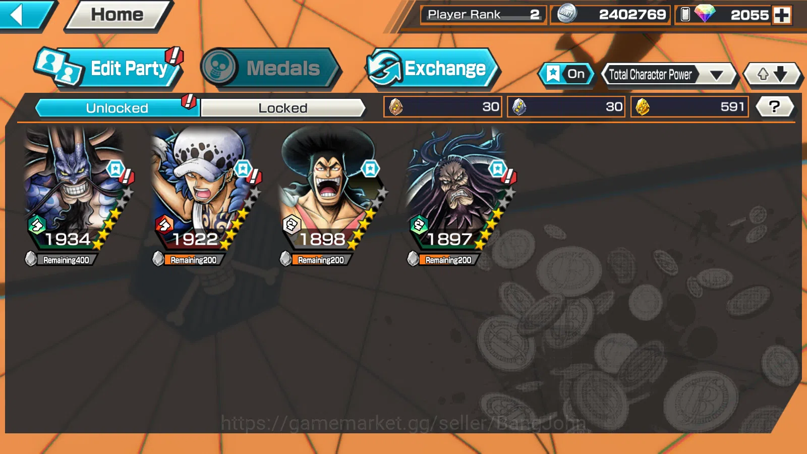 One Piece Bounty Rush Accounts Others Global |2EX | RD 2055 | WI Trafargar Law ,Bomo Kaido |Rank 2 LOG Bandai |OPBR295B 2