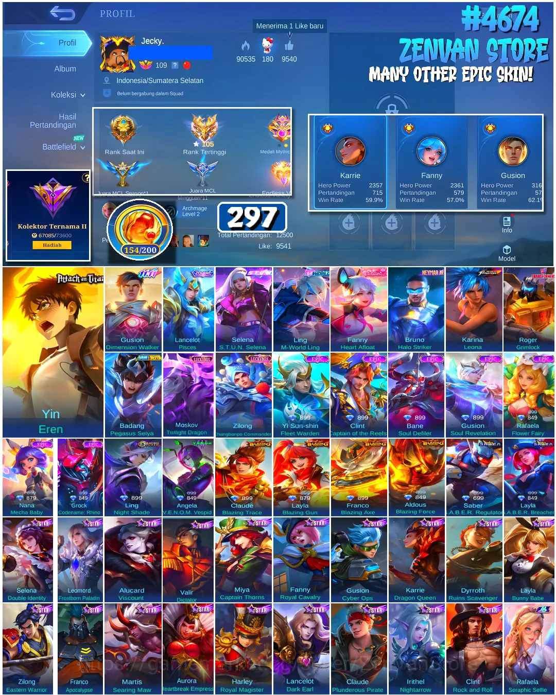 Mobile Legends: Bang Bang Accounts #4674 297 Skins | Karina Leona (KOF) | Roger Grimlock (TRANSFORMERS) | Yin Eren (ATTACK 1
