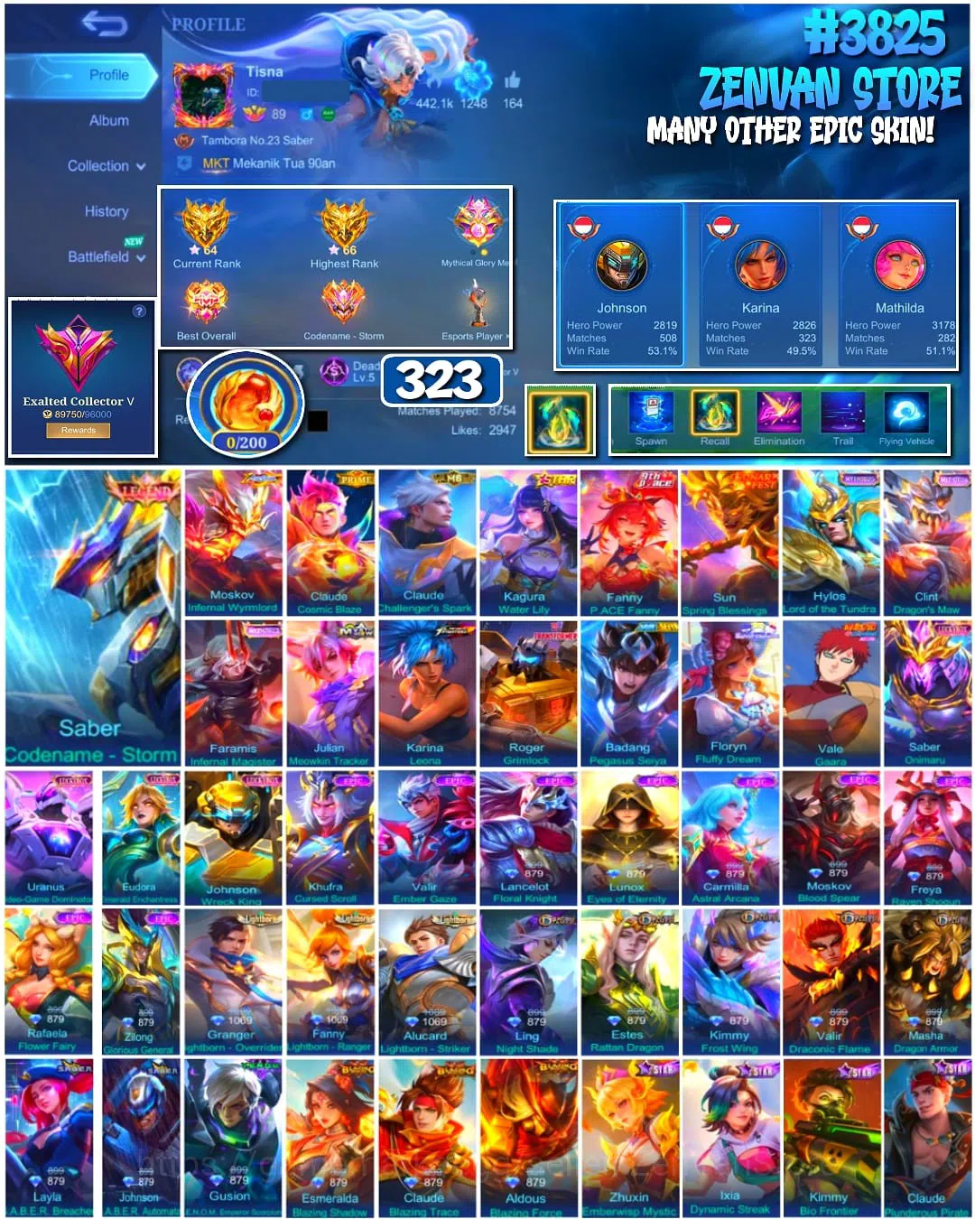 Mobile Legends: Bang Bang Accounts Collector #3825 323 Skins | Legend Saber | Internal Moskov | Prime Claude | Transformers 1
