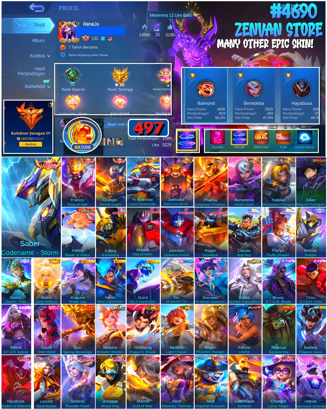 Mobile Legends: Bang Bang Accounts #4690 497 Skins | Franco King of Hell (LEGEND) | Granger Starfall Knight (LEGEND) | Saber 1