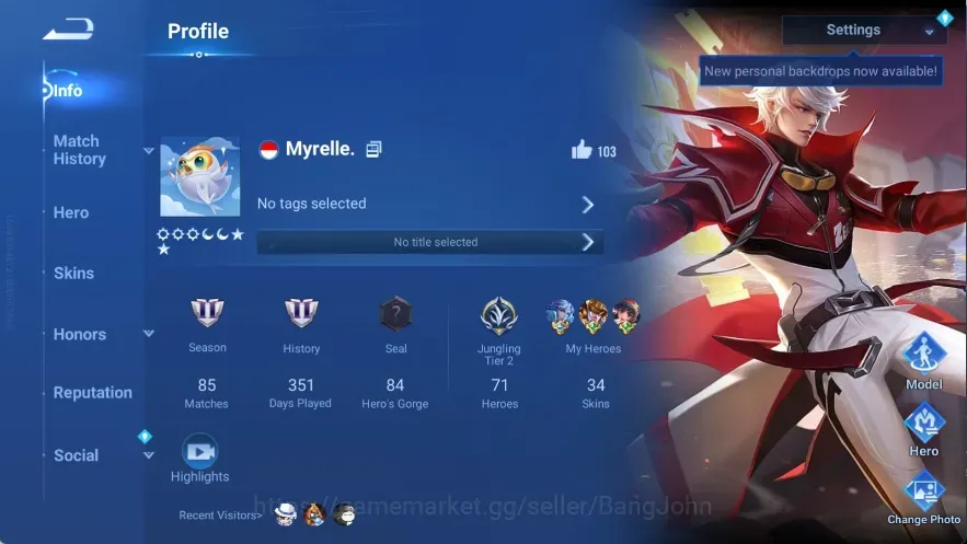 Honor of Kings Accounts Rare Skin Global | 71H 34S | SXD: Hou Yi | LIMBO: Donghuang | KIC: Jing | Event Ex: Garo,Mulan | 6 1