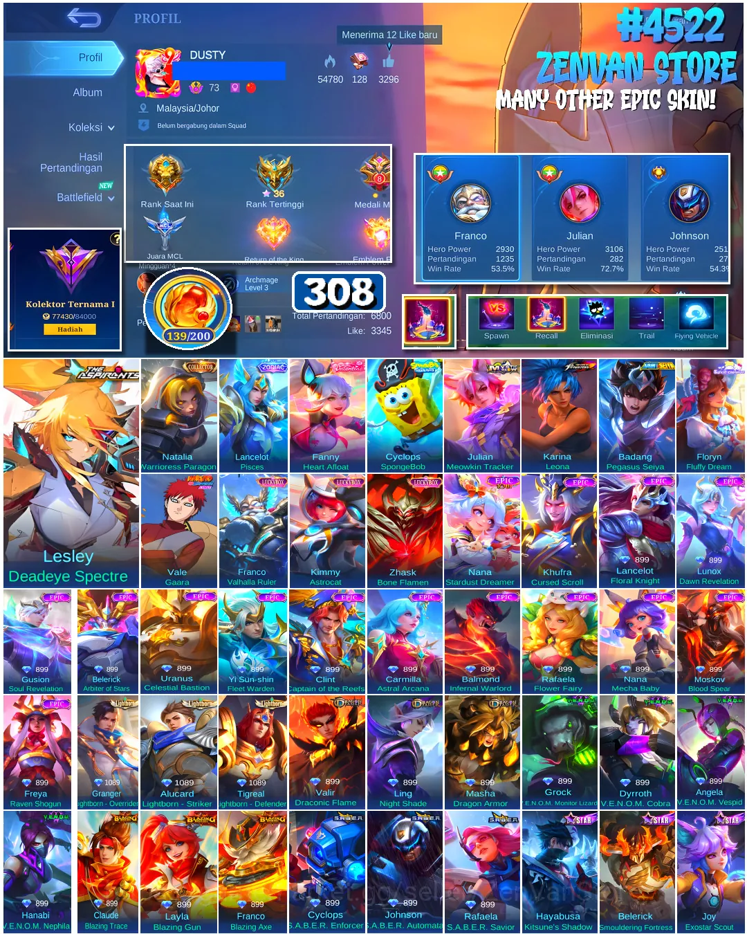 Mobile Legends: Bang Bang Accounts #4522 308 Skins | Karina Leona (KOF) | Vale Gaara (NARUTO) | Badang Pegasus Seiya (SAINT 1