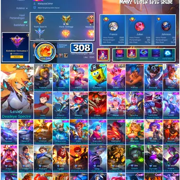Mobile Legends: Bang Bang Accounts #4522 308 Skins | Karina Leona (KOF) | Vale Gaara (NARUTO) | Badang Pegasus Seiya (SAINT