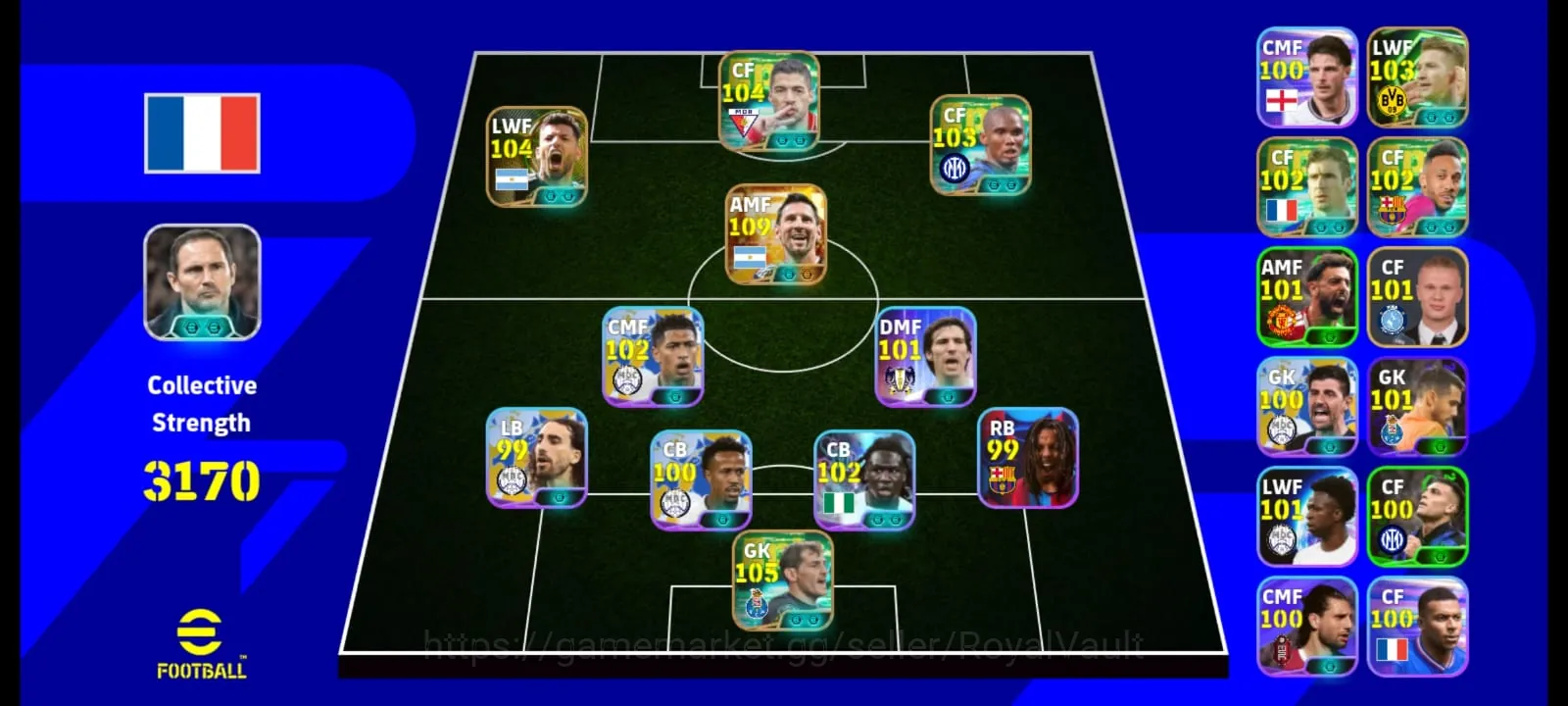 eFootball Accounts High-End Messi 109| Casillas 105| Aguero 104| Suarez 104| Eto 103| Reus 103| Cantona 102| Aubameyang 1
